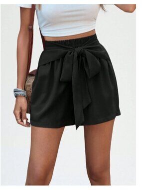 NEW Women's SHEIN Black Elastic Waist Tie-Front Shorts Casual or Dressy - Large